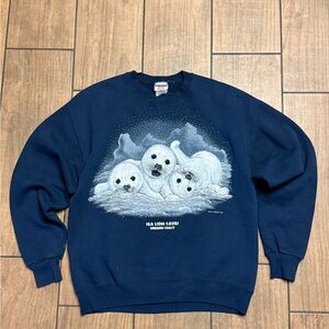 Vtg 1994 Jerzees Crewneck Sweatshirt Sea Lion Caves Oregon Navy Blue Size large